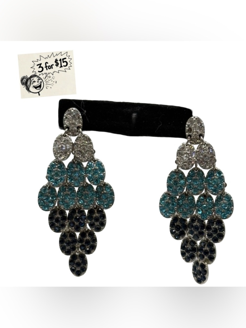 3" Crystal Teardrop Dangle Earrings in Clear, Teal & Navy